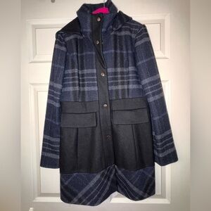 Guess Plaid Wool Hooded Coat Medium